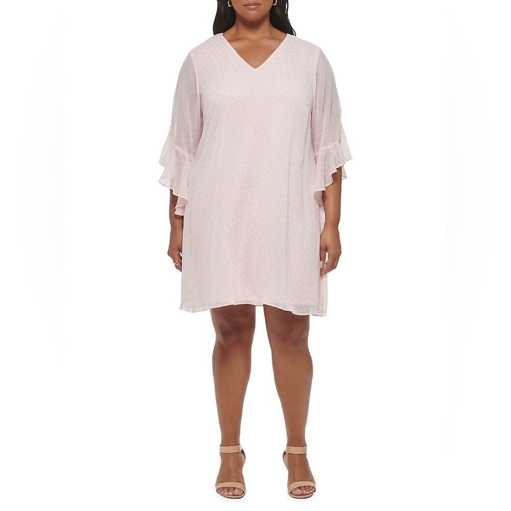 Calvin Klein Pink Trapeze Dress Dotted Chiffon 3/4 Sleeve A-Line Sz 22W NWT
